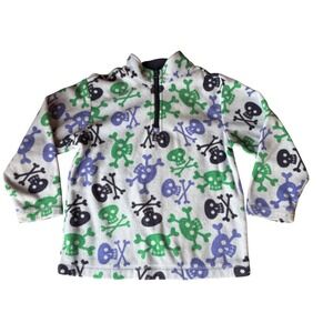 Hanna Andersson Kids Fleece Quarter Zip Skull Crossbones Pullover Gray Green 5-6